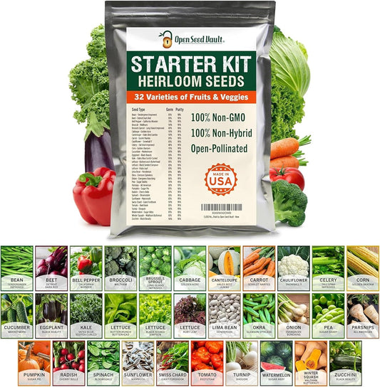 |15,000 Heirloom Seeds | 32 Seed Types | Survival Seeds | 2026 Season | Non GMO Vegetable and Fruit Seeds | Planting Outdoor & Indoor Garden